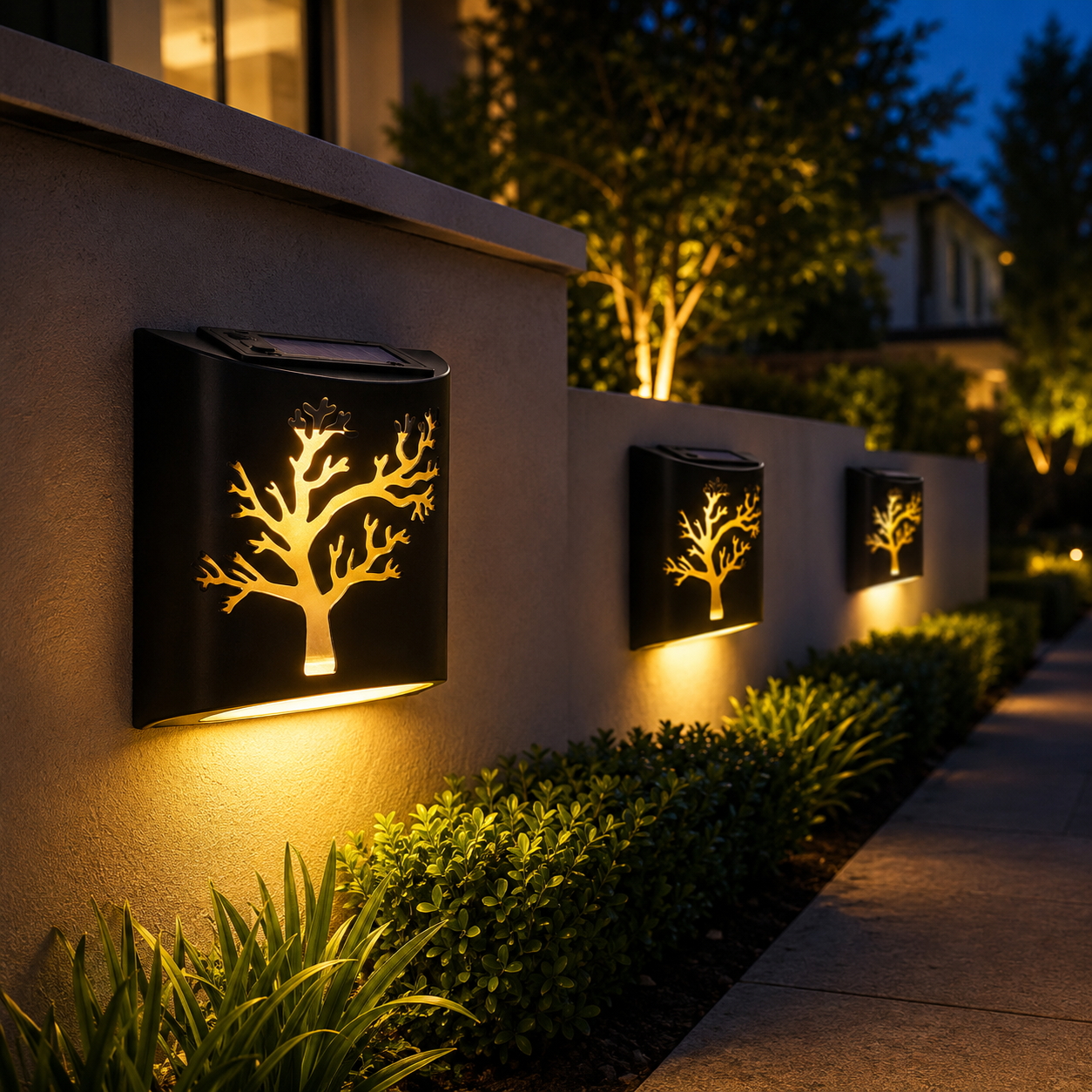 Black Solar Wall Light with Tree Cutout Design