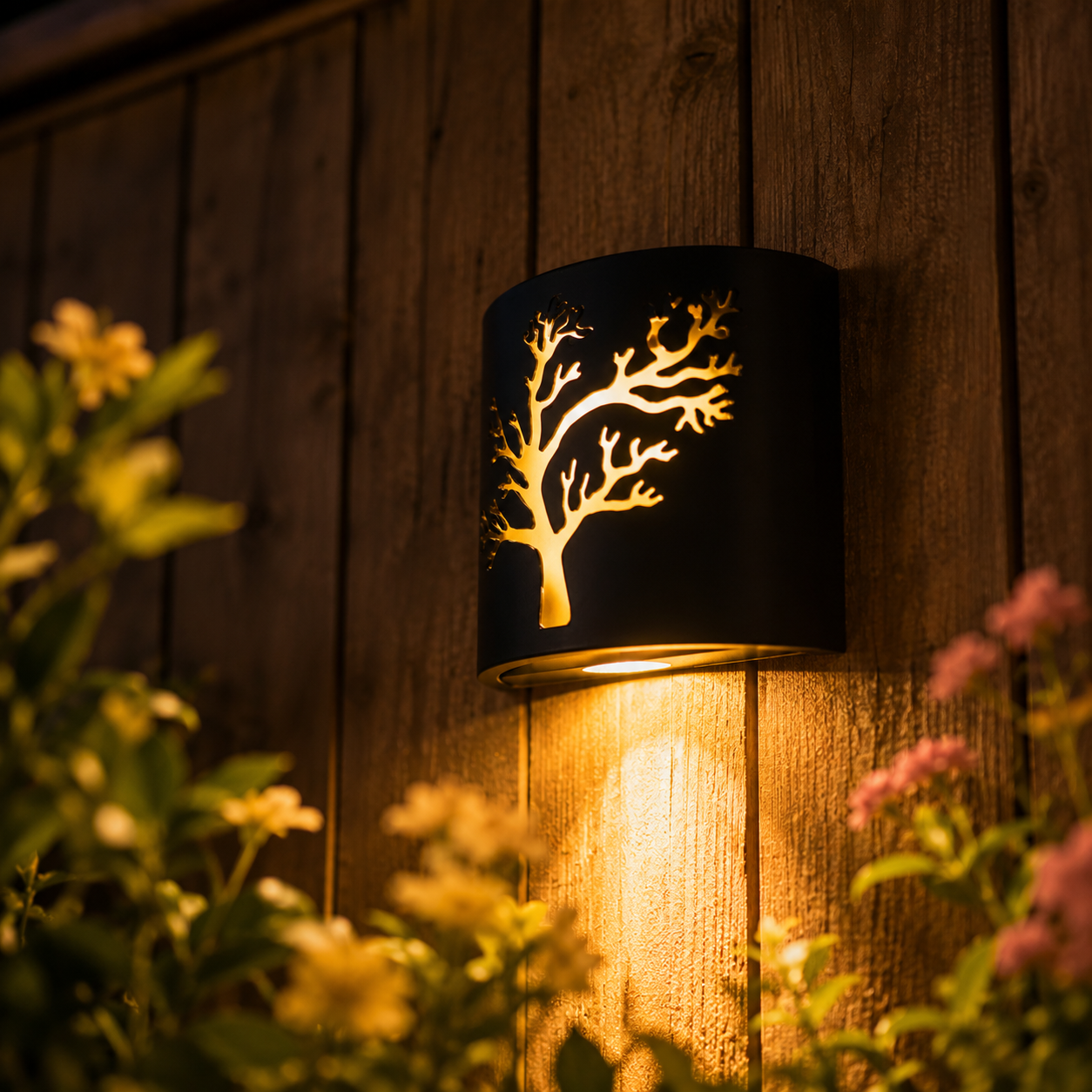 Black Solar Wall Light with Tree Cutout Design