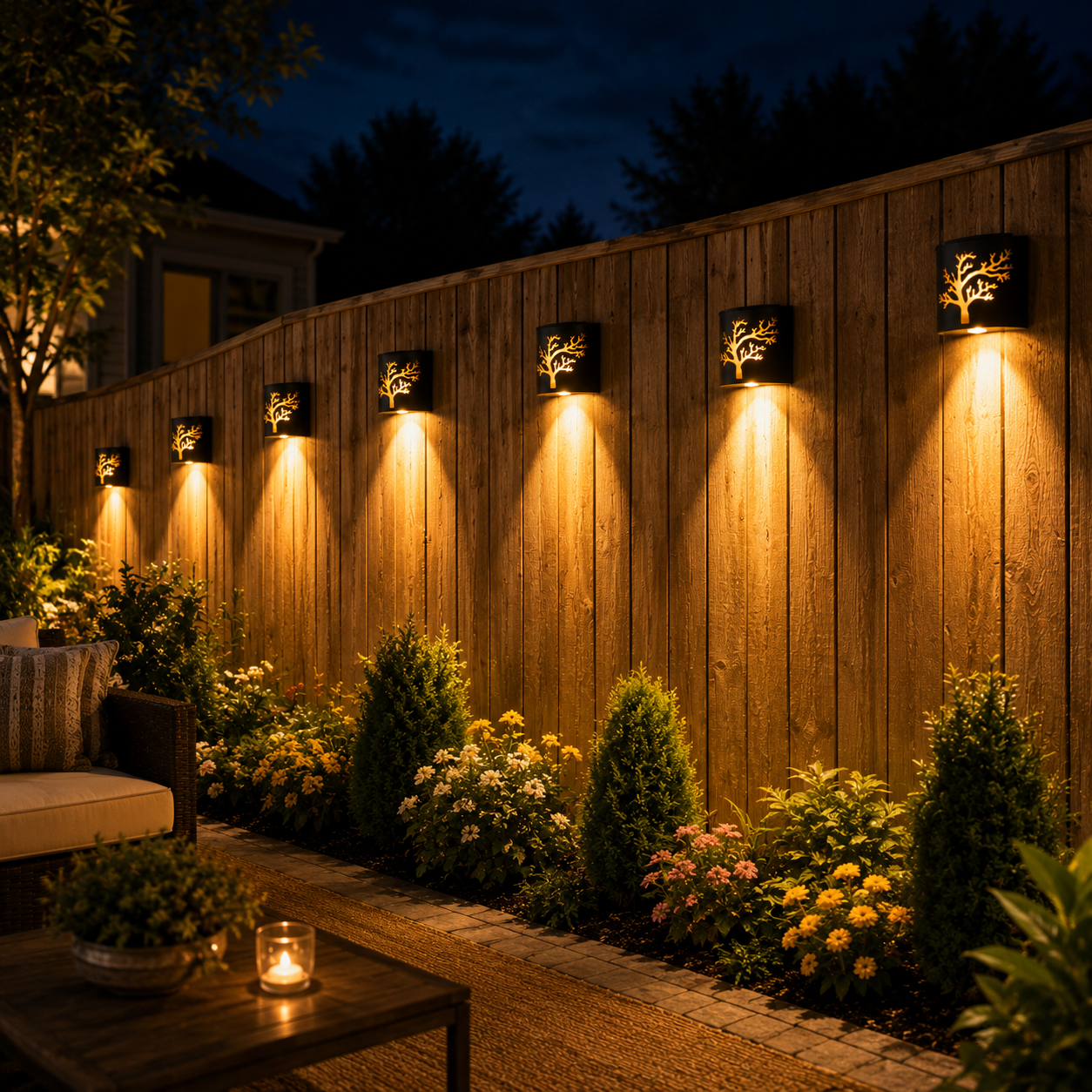 Black Solar Wall Light with Tree Cutout Design