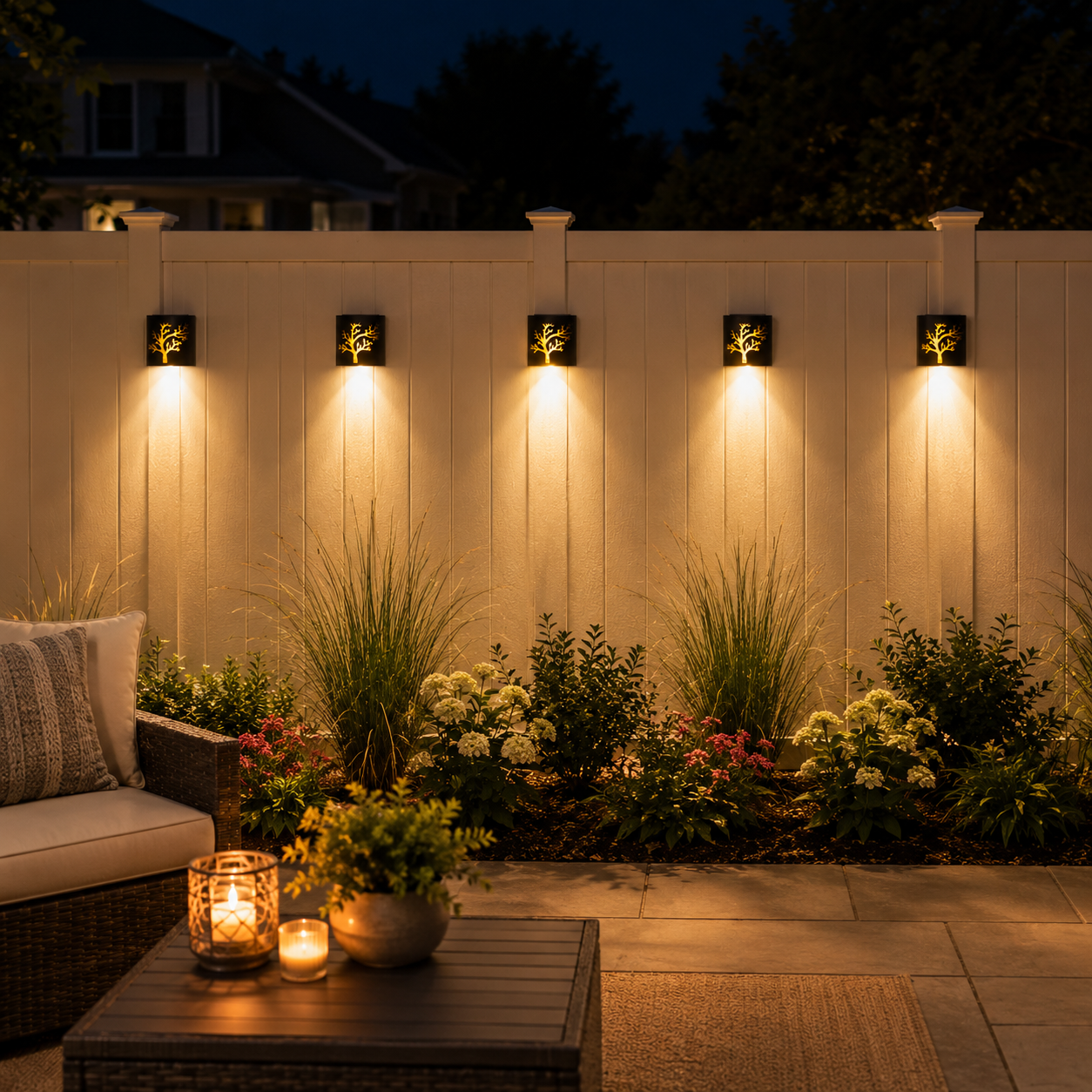 Black Solar Wall Light with Tree Cutout Design