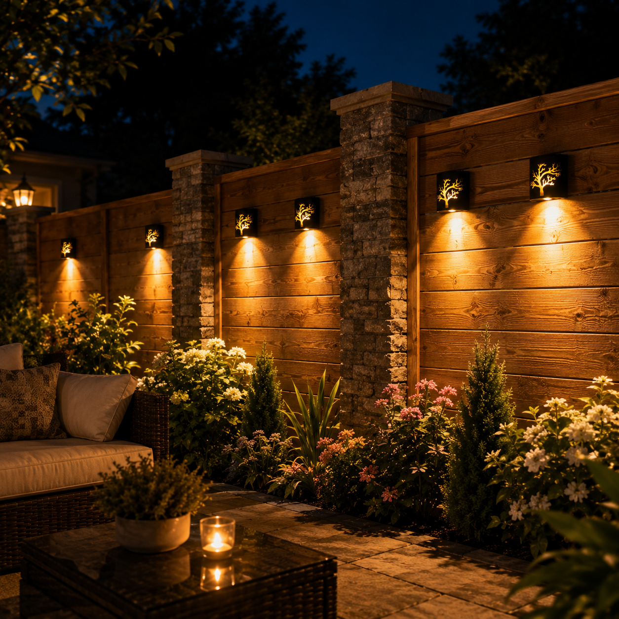 Black Solar Wall Light with Tree Cutout Design