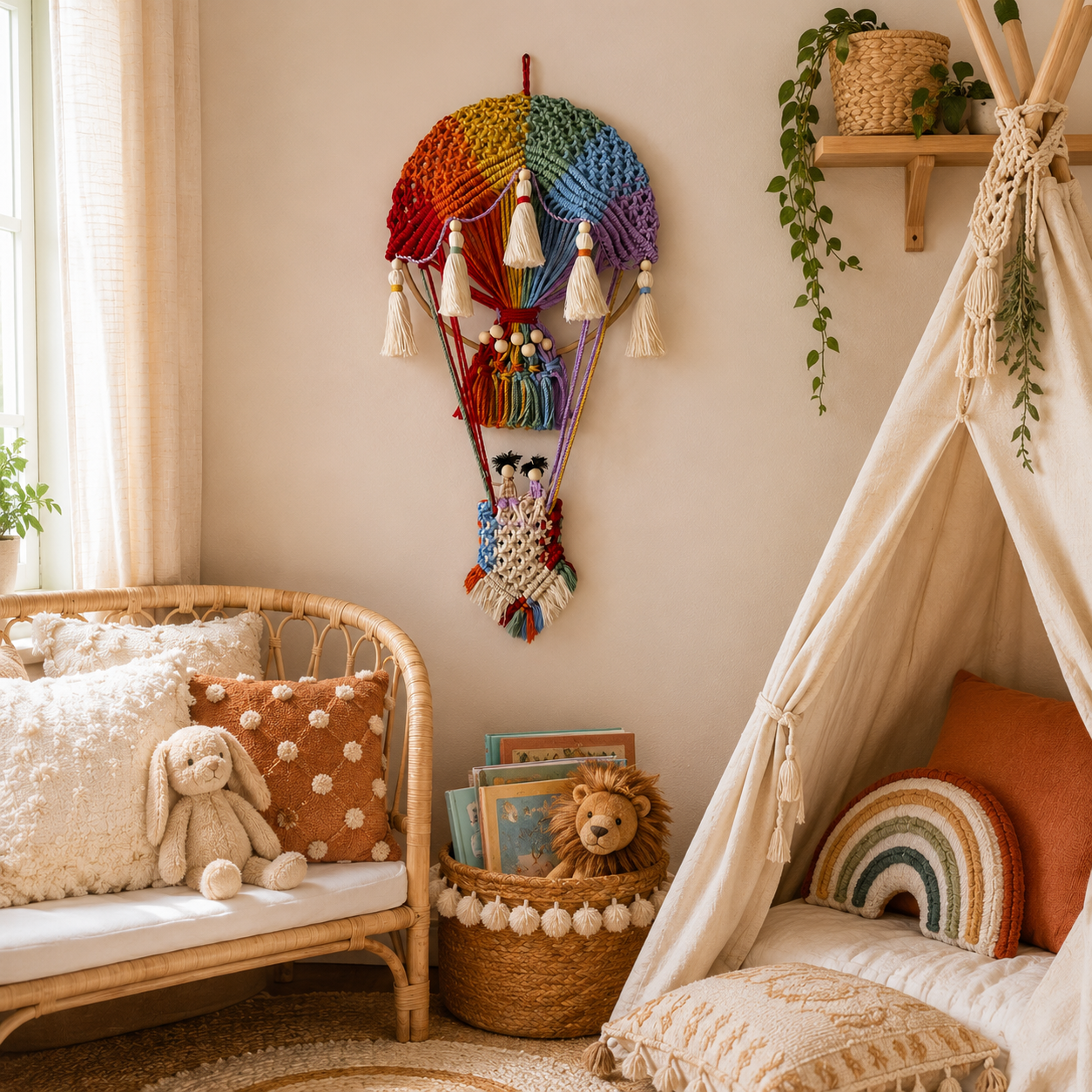 Boho Rainbow Hot Air Balloon Wall Hanging