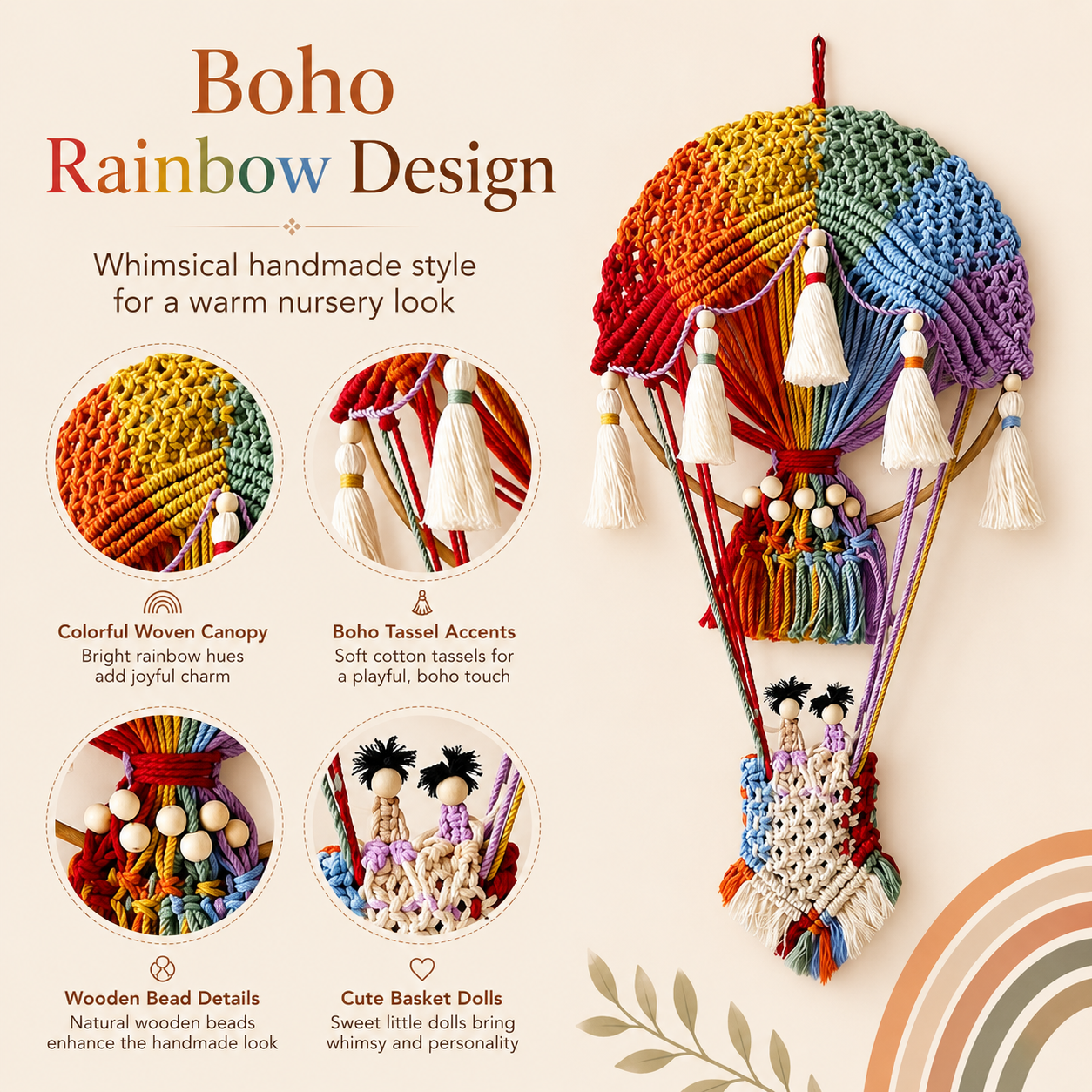 Boho Rainbow Hot Air Balloon Wall Hanging