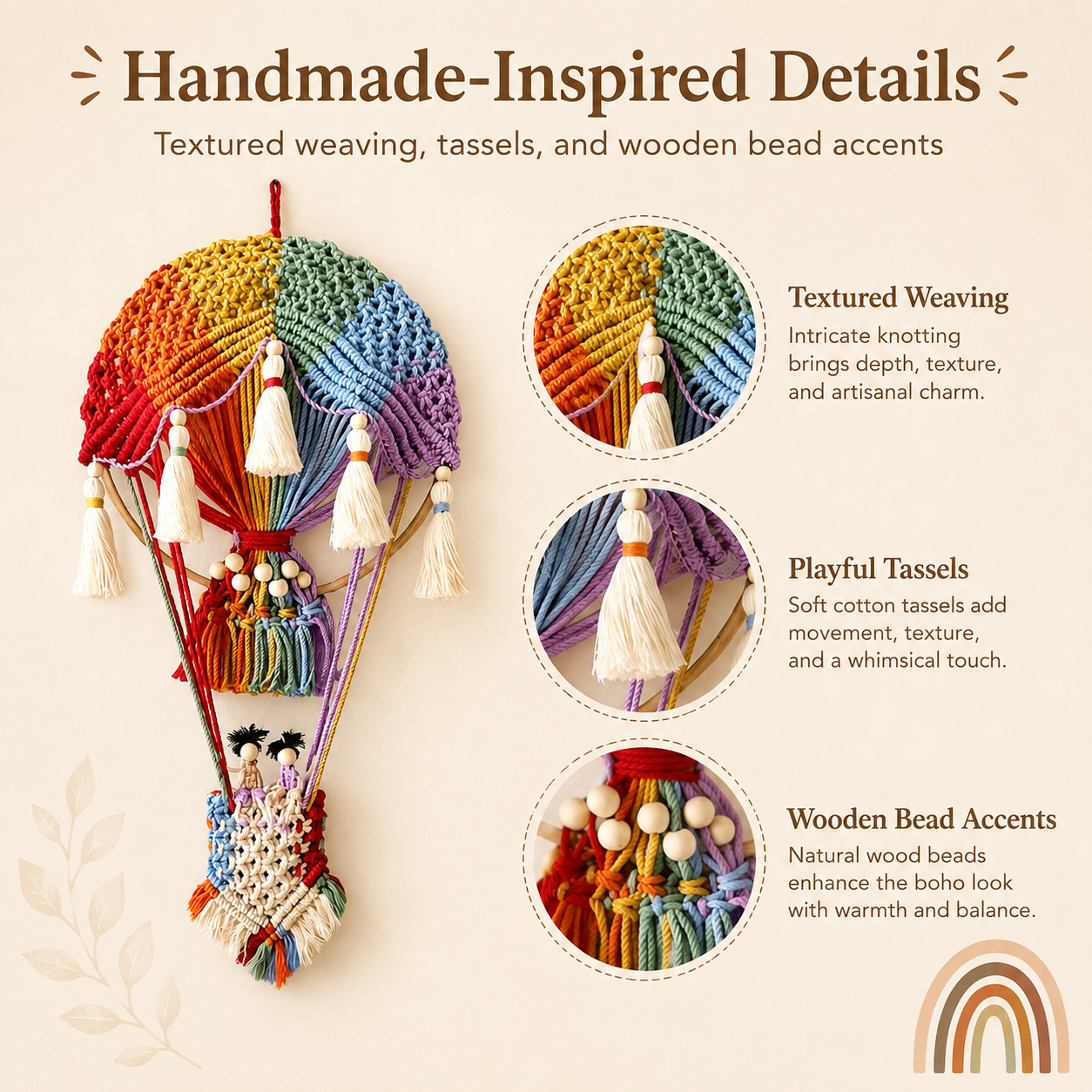 Boho Rainbow Hot Air Balloon Wall Hanging