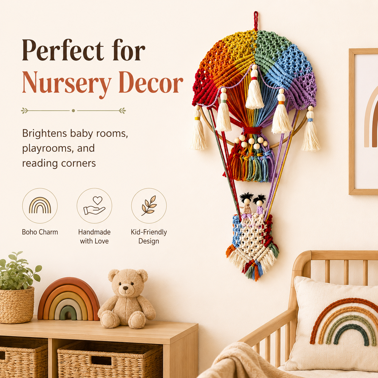 Boho Rainbow Hot Air Balloon Wall Hanging