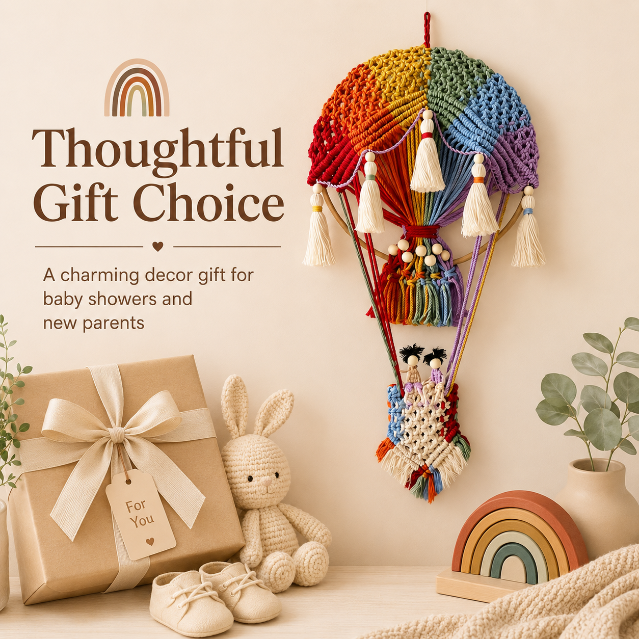 Boho Rainbow Hot Air Balloon Wall Hanging