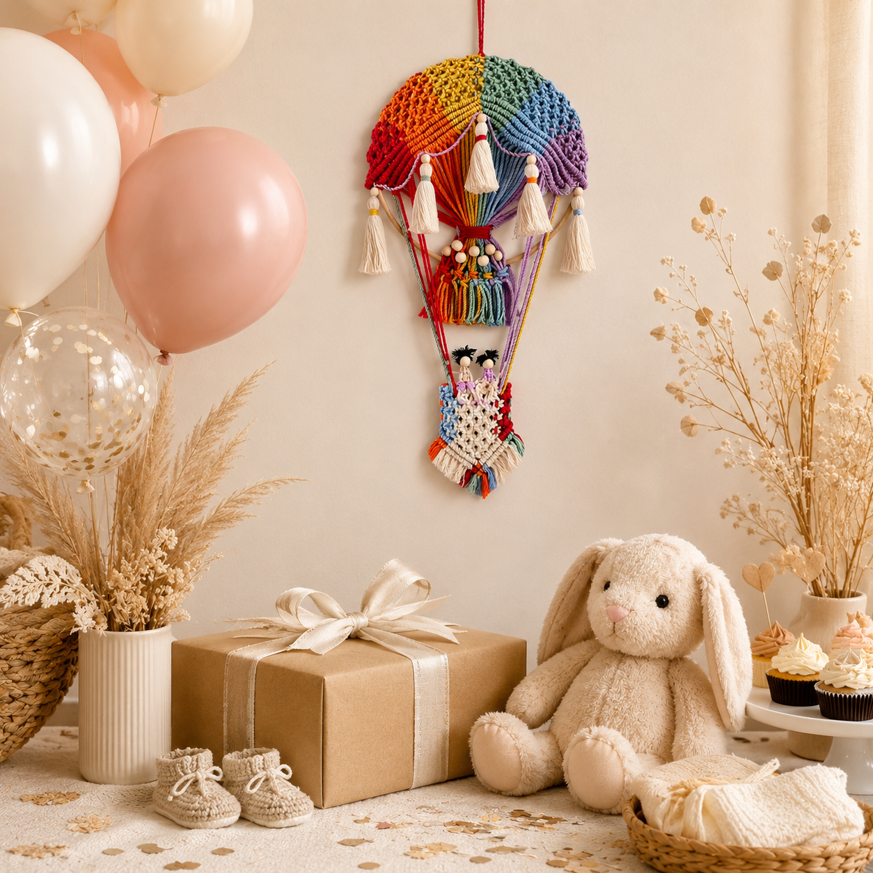 Boho Rainbow Hot Air Balloon Wall Hanging