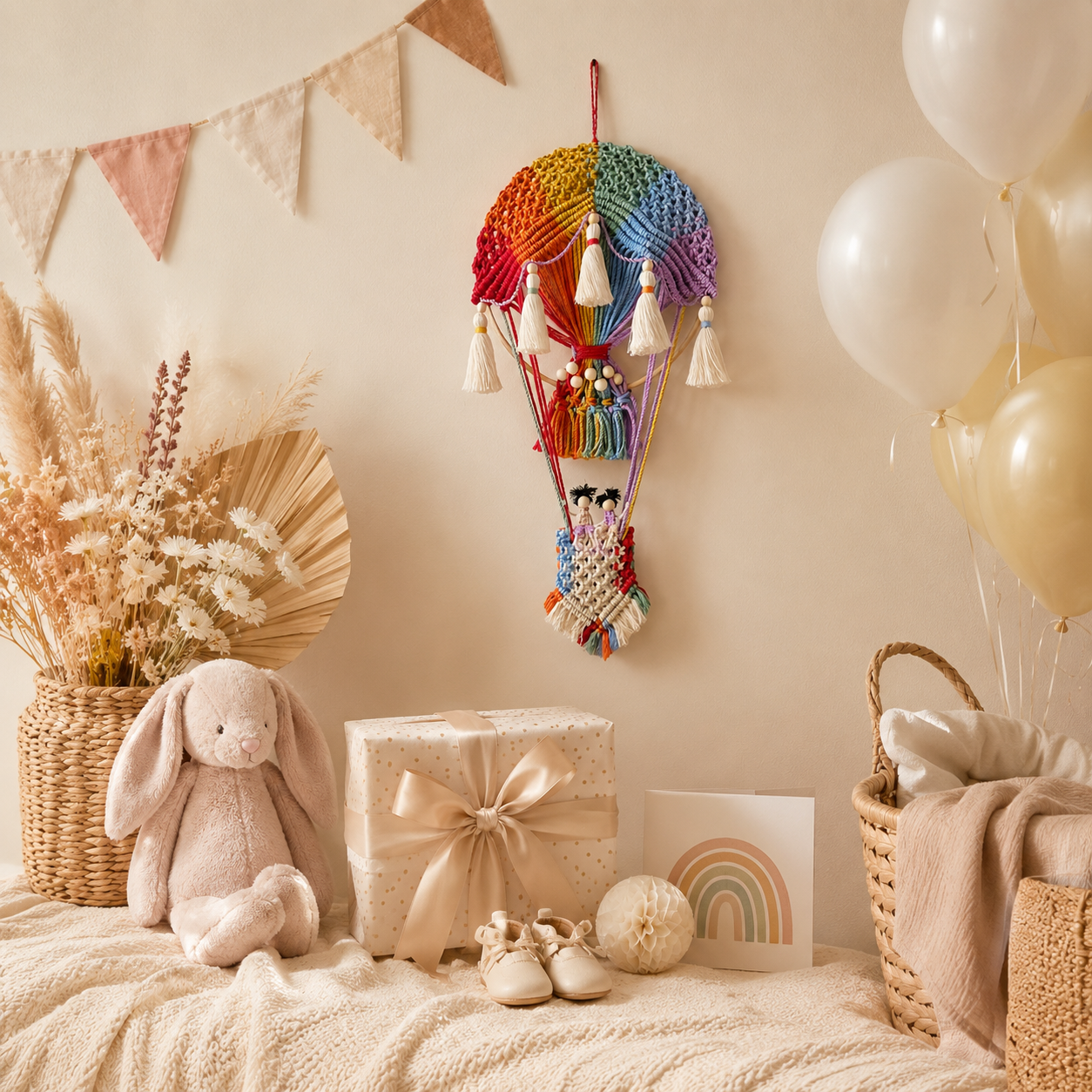 Boho Rainbow Hot Air Balloon Wall Hanging