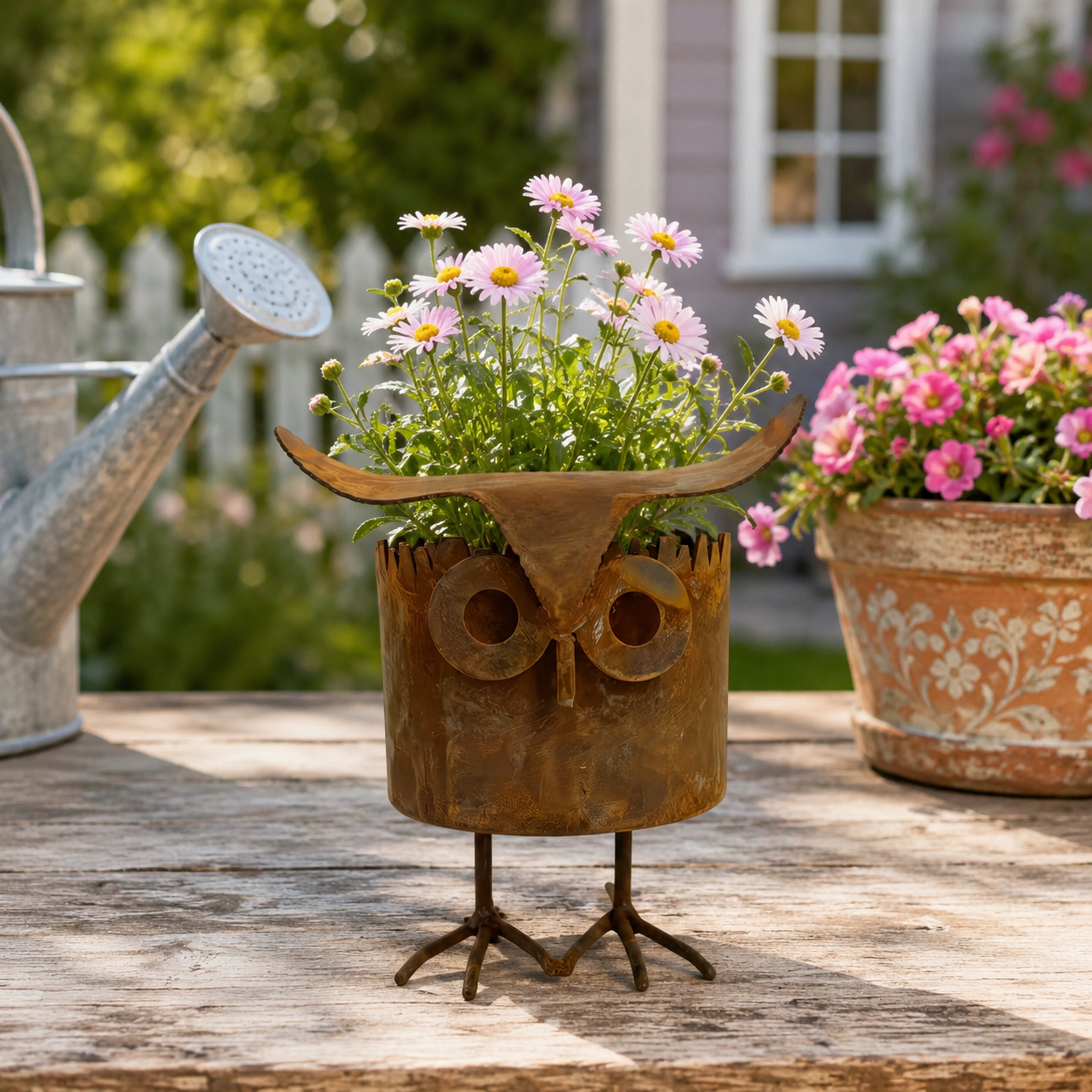 Rustic Owl Metal Plant Pot