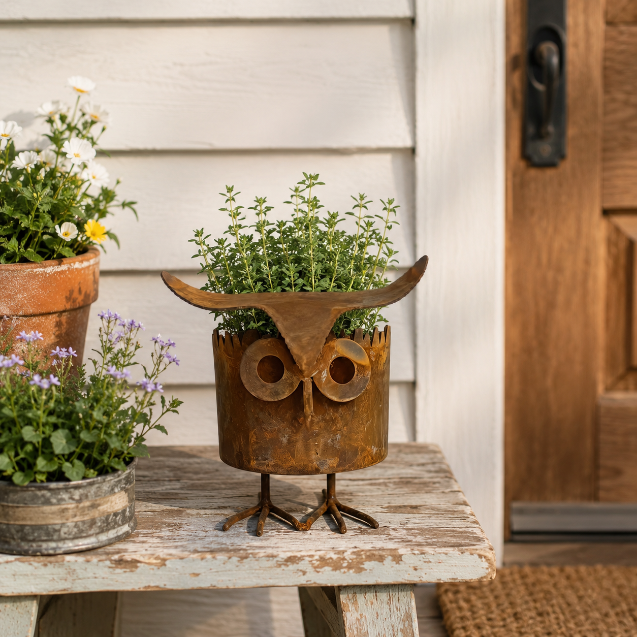 Rustic Owl Metal Plant Pot
