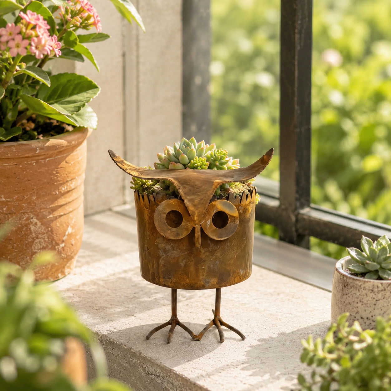 Rustic Owl Metal Plant Pot