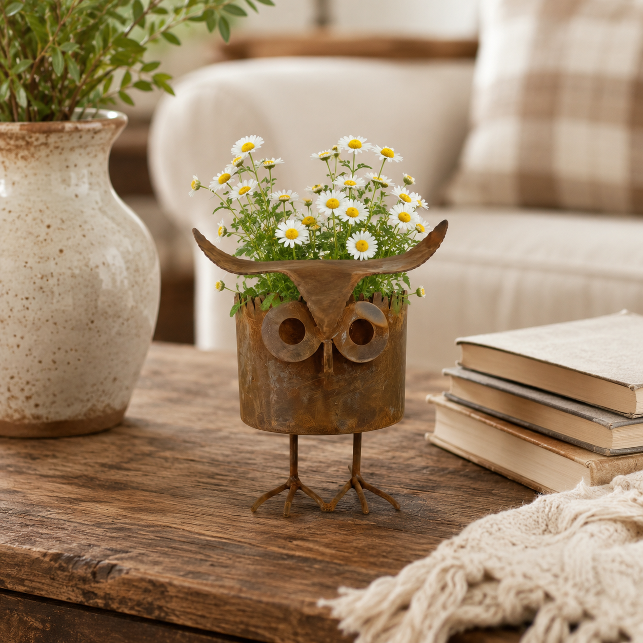 Rustic Owl Metal Plant Pot