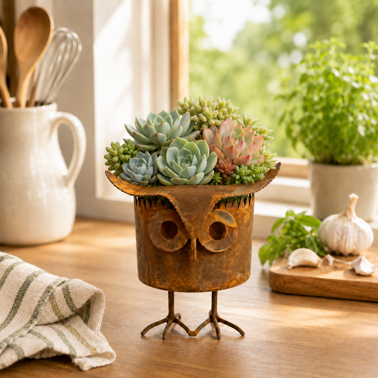Rustic Owl Metal Plant Pot