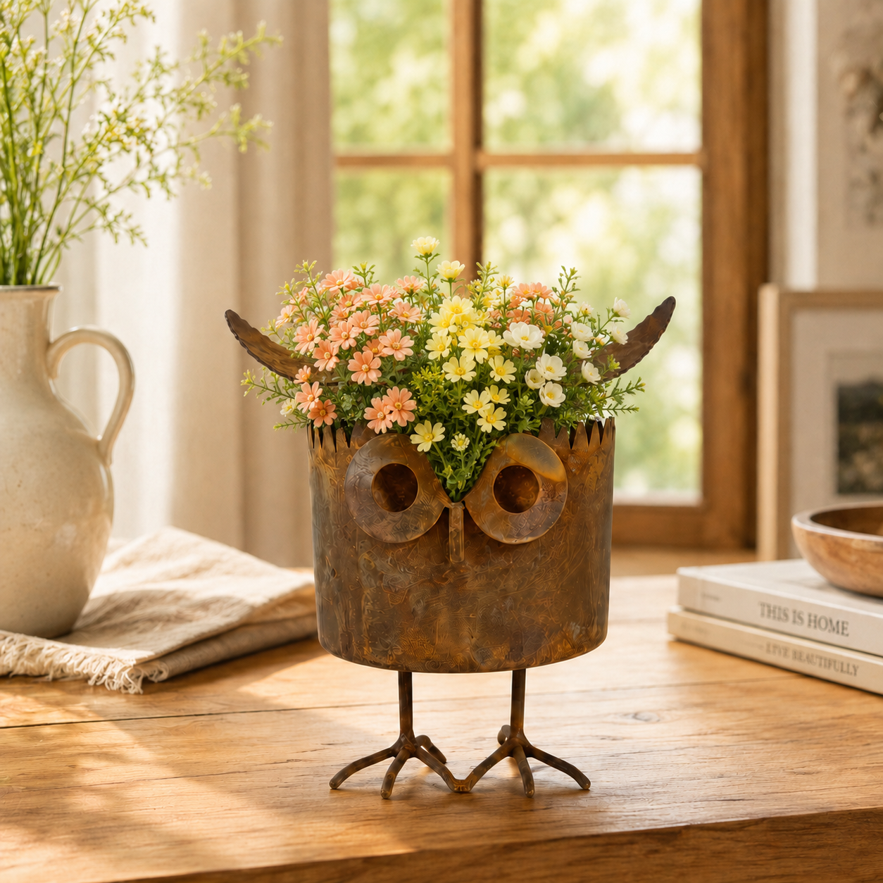 Rustic Owl Metal Plant Pot