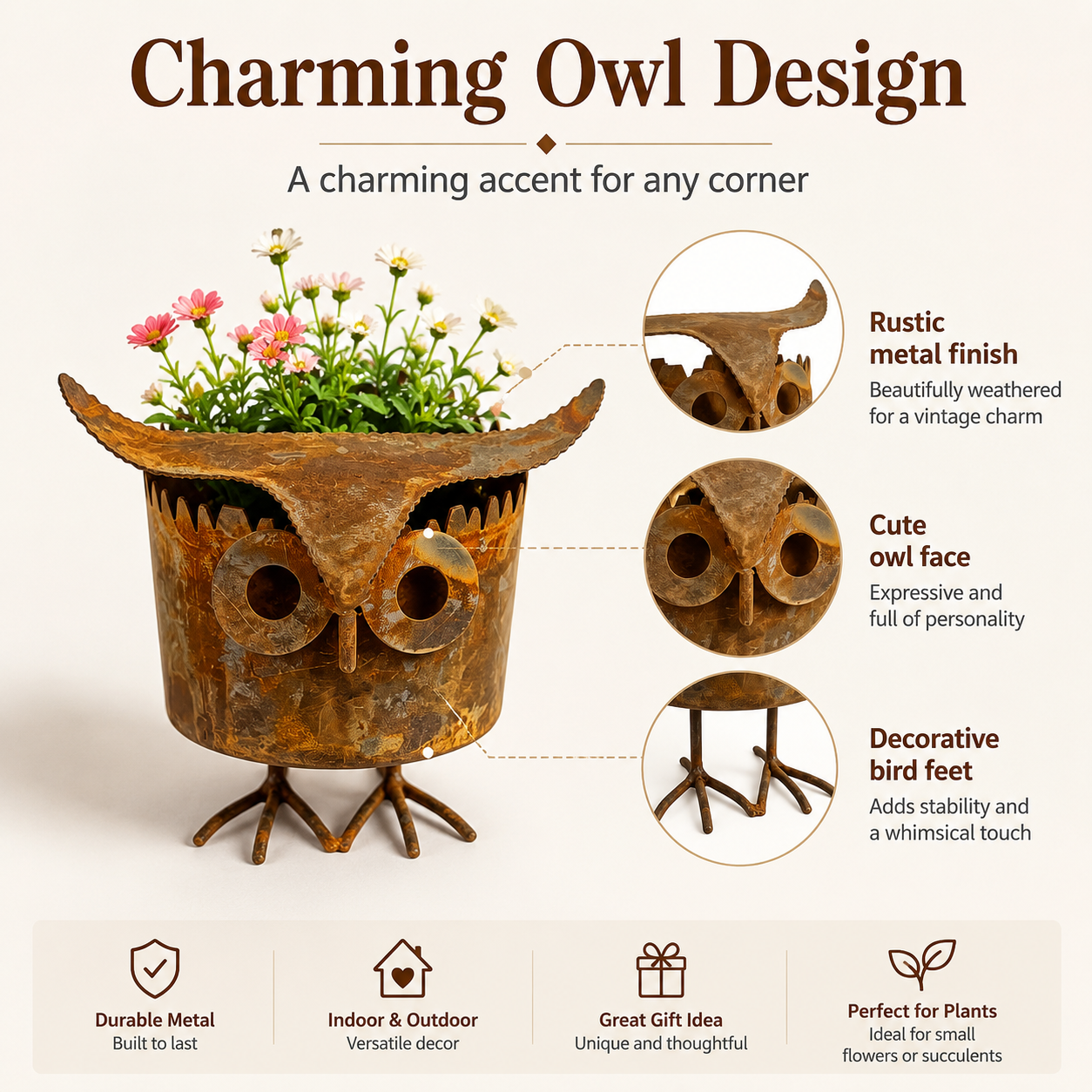 Rustic Owl Metal Plant Pot