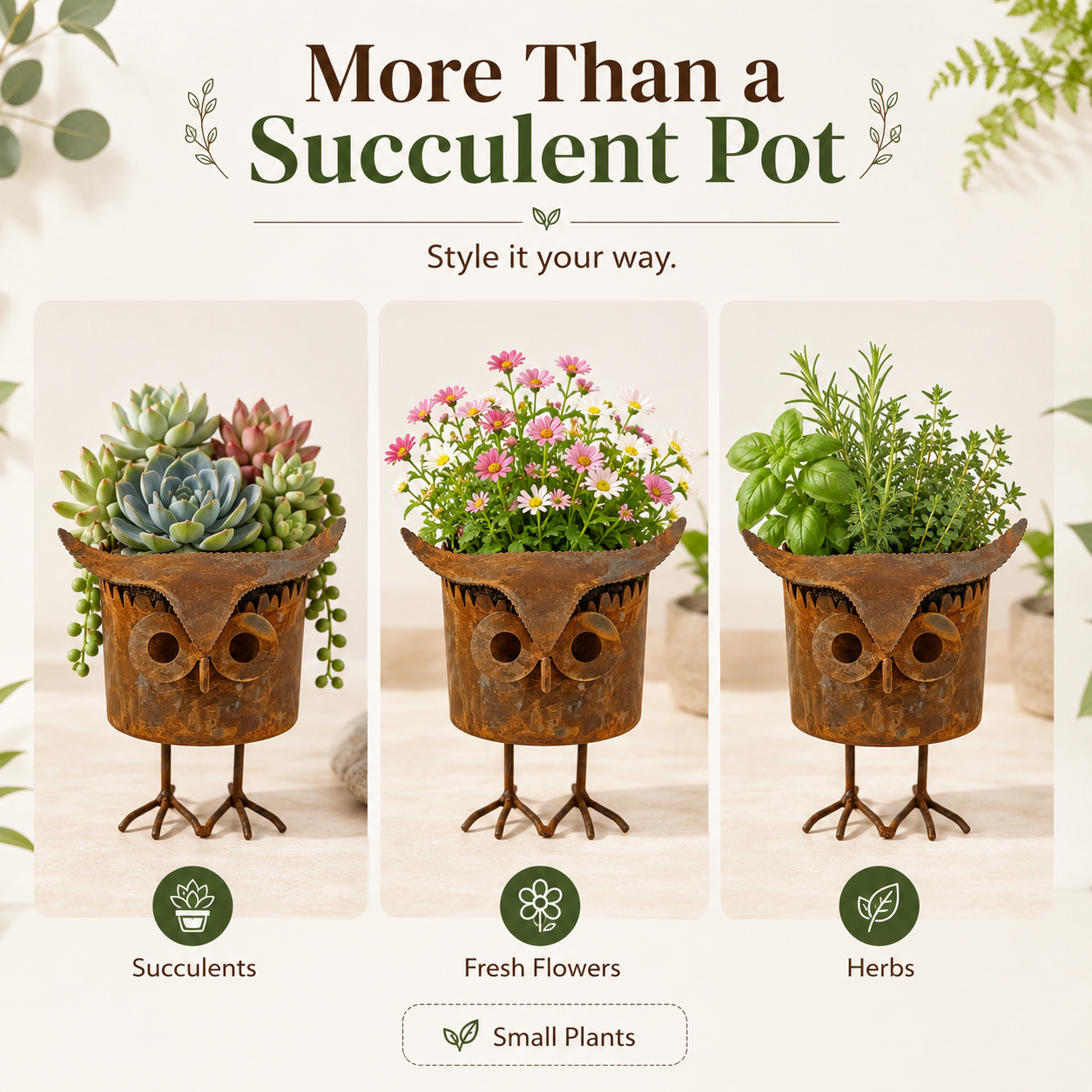 Rustic Owl Metal Plant Pot