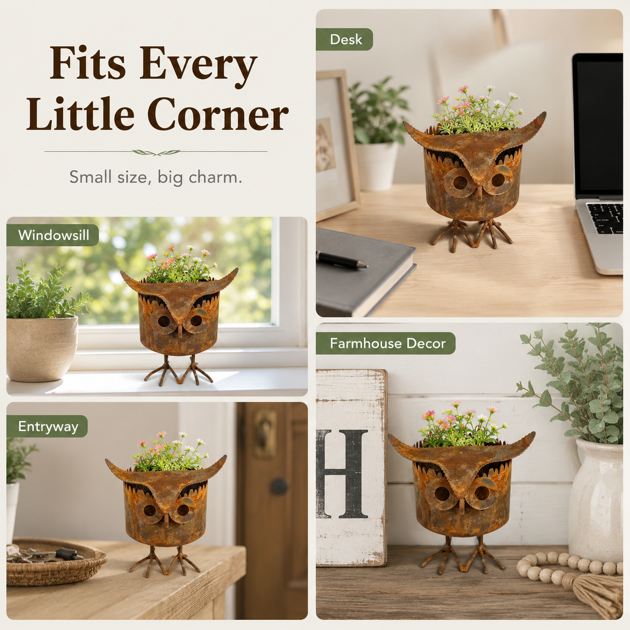Rustic Owl Metal Plant Pot