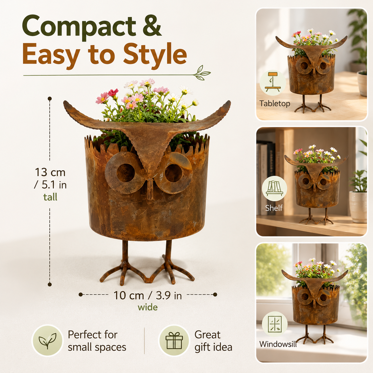 Rustic Owl Metal Plant Pot