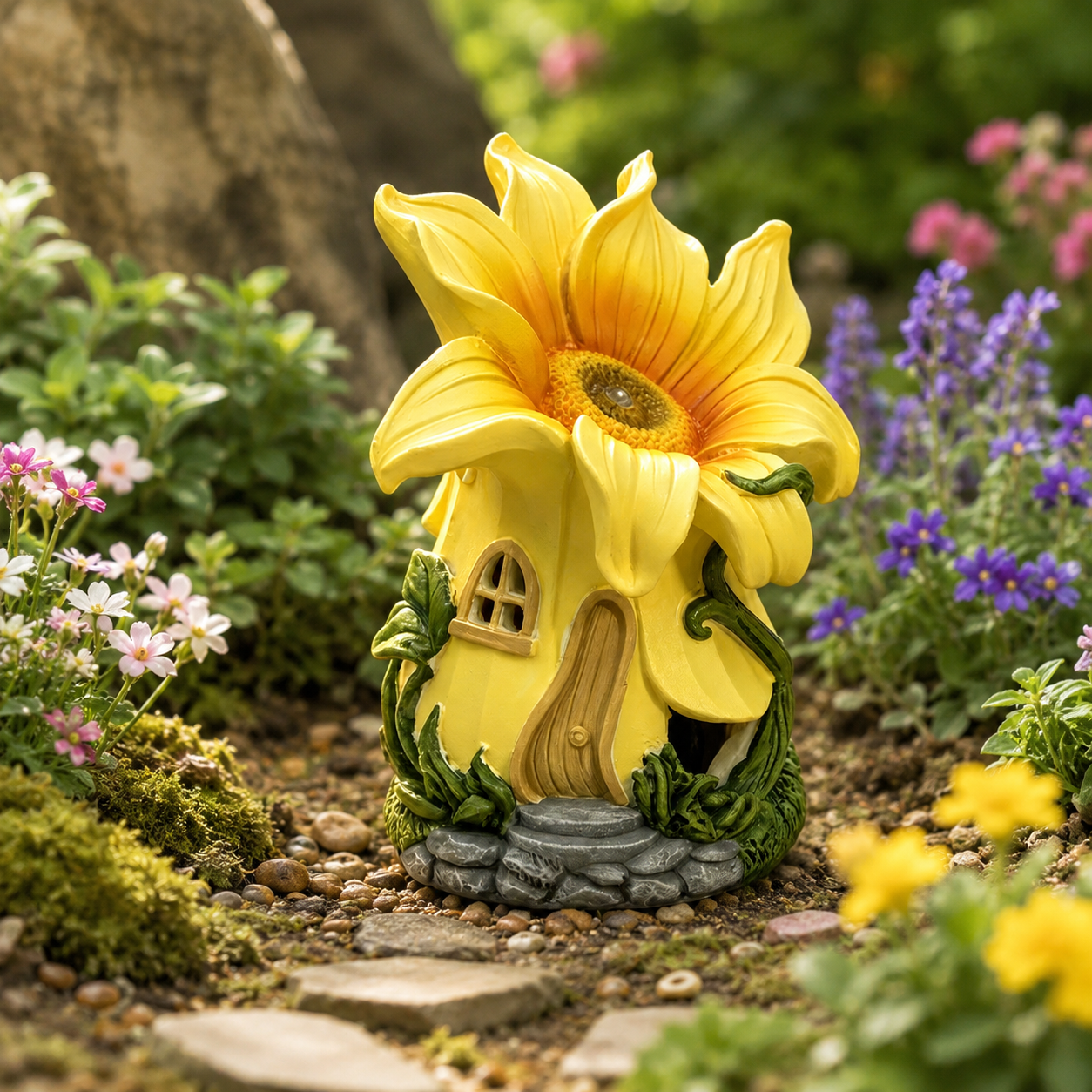 Sunflower Fairy Garden House Statue