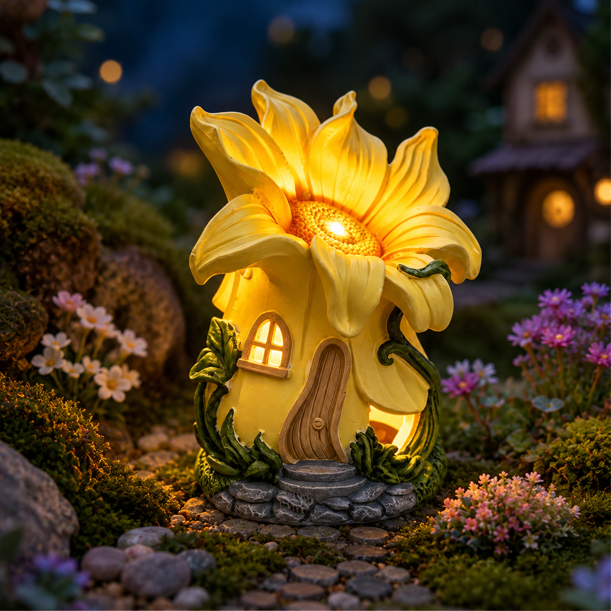 Sunflower Fairy Garden House Statue