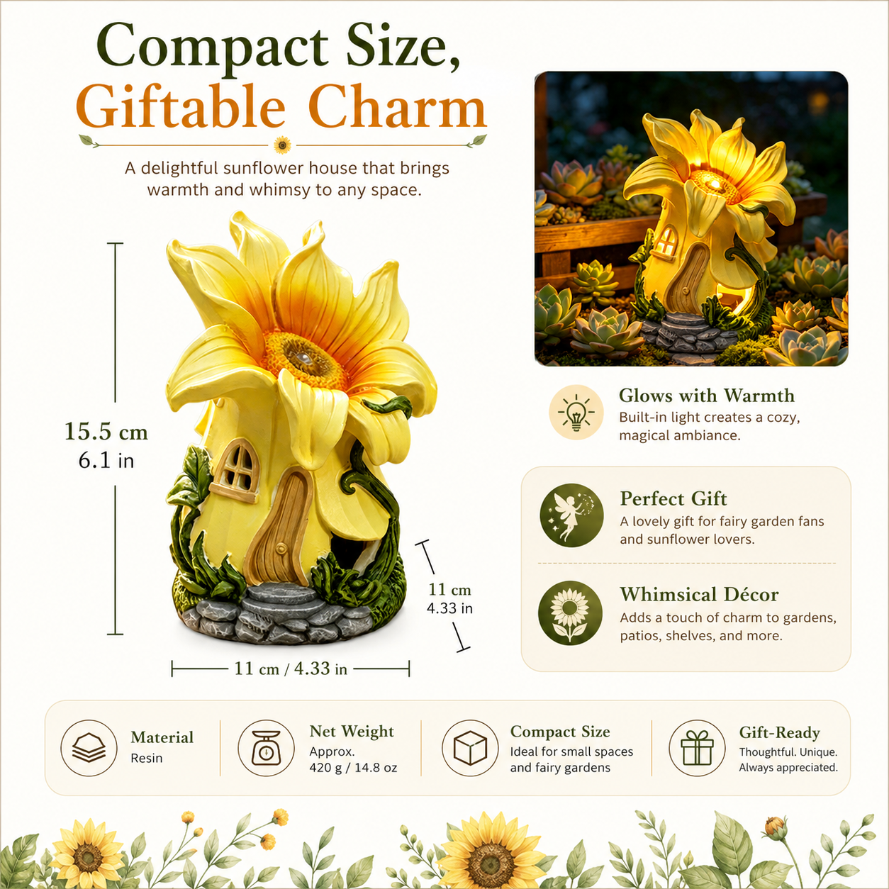Sunflower Fairy Garden House Statue