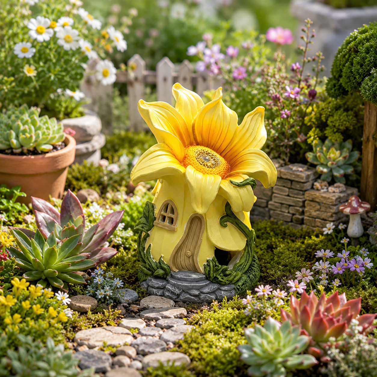 Sunflower Fairy Garden House Statue