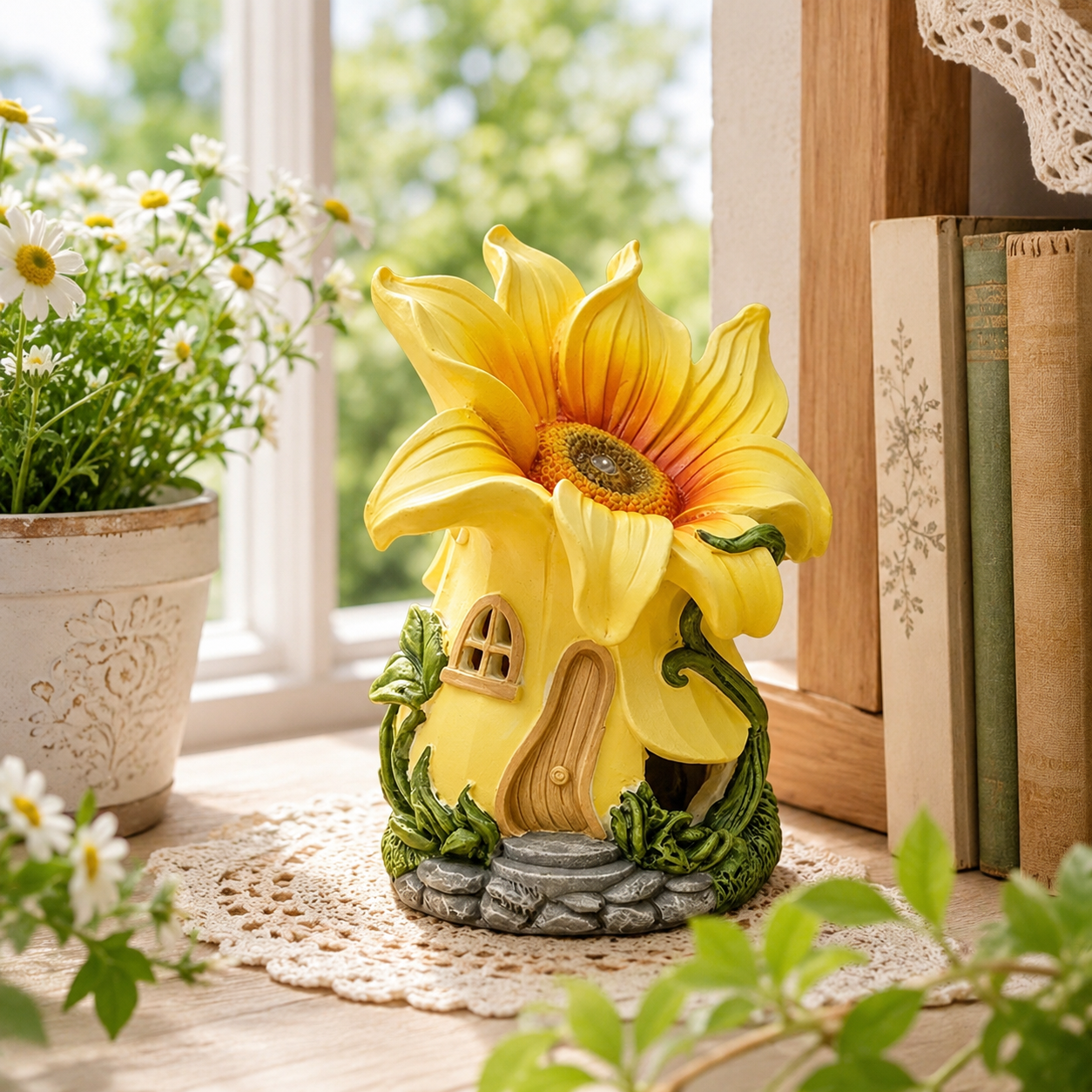 Sunflower Fairy Garden House Statue