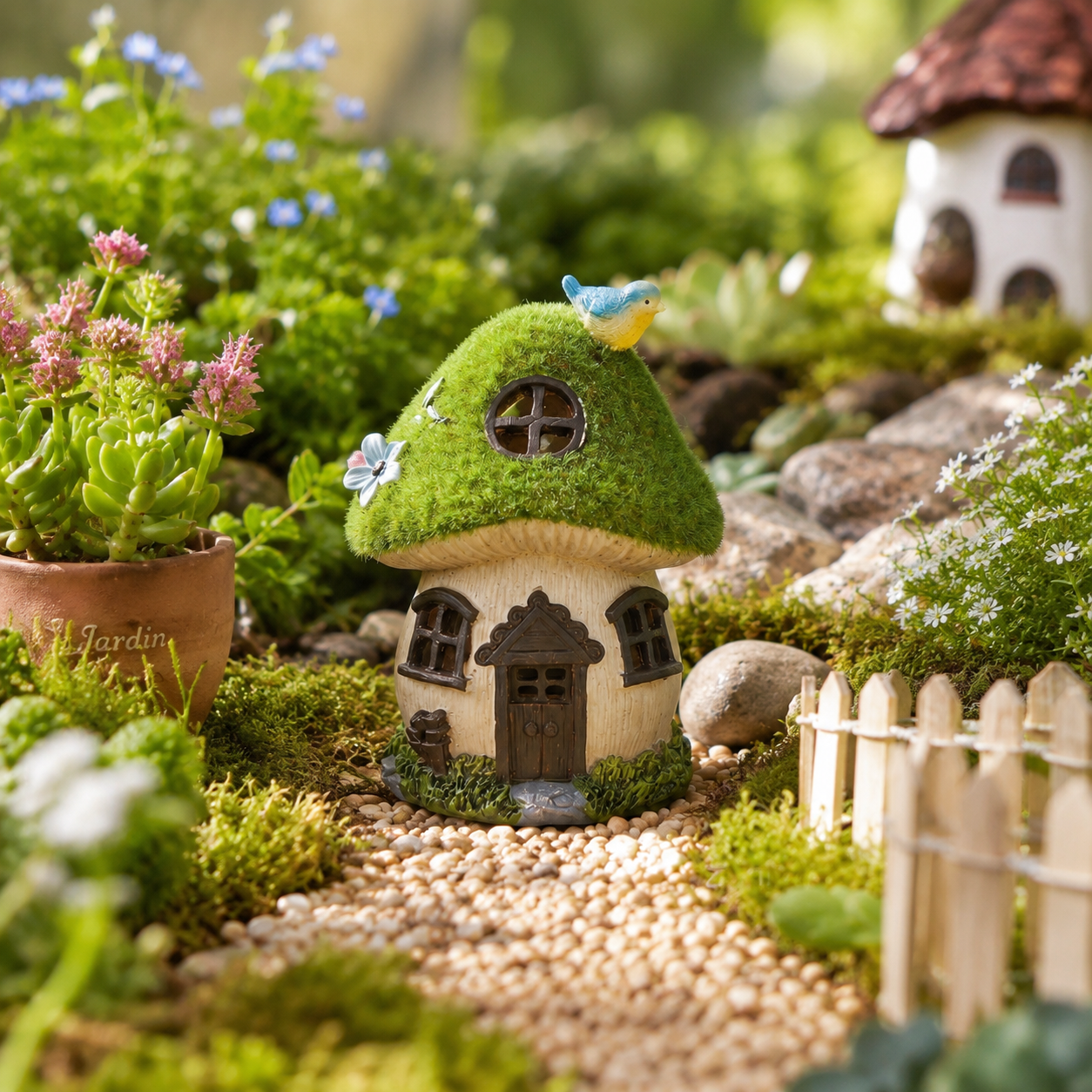 Light-Up Bluebird Moss Fairy Garden House
