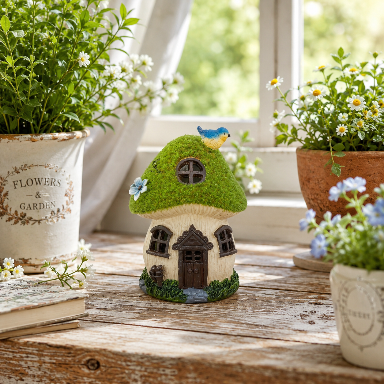 Light-Up Bluebird Moss Fairy Garden House