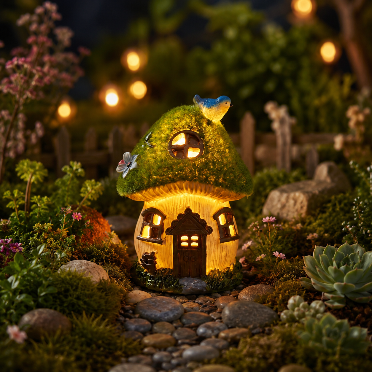 Light-Up Bluebird Moss Fairy Garden House