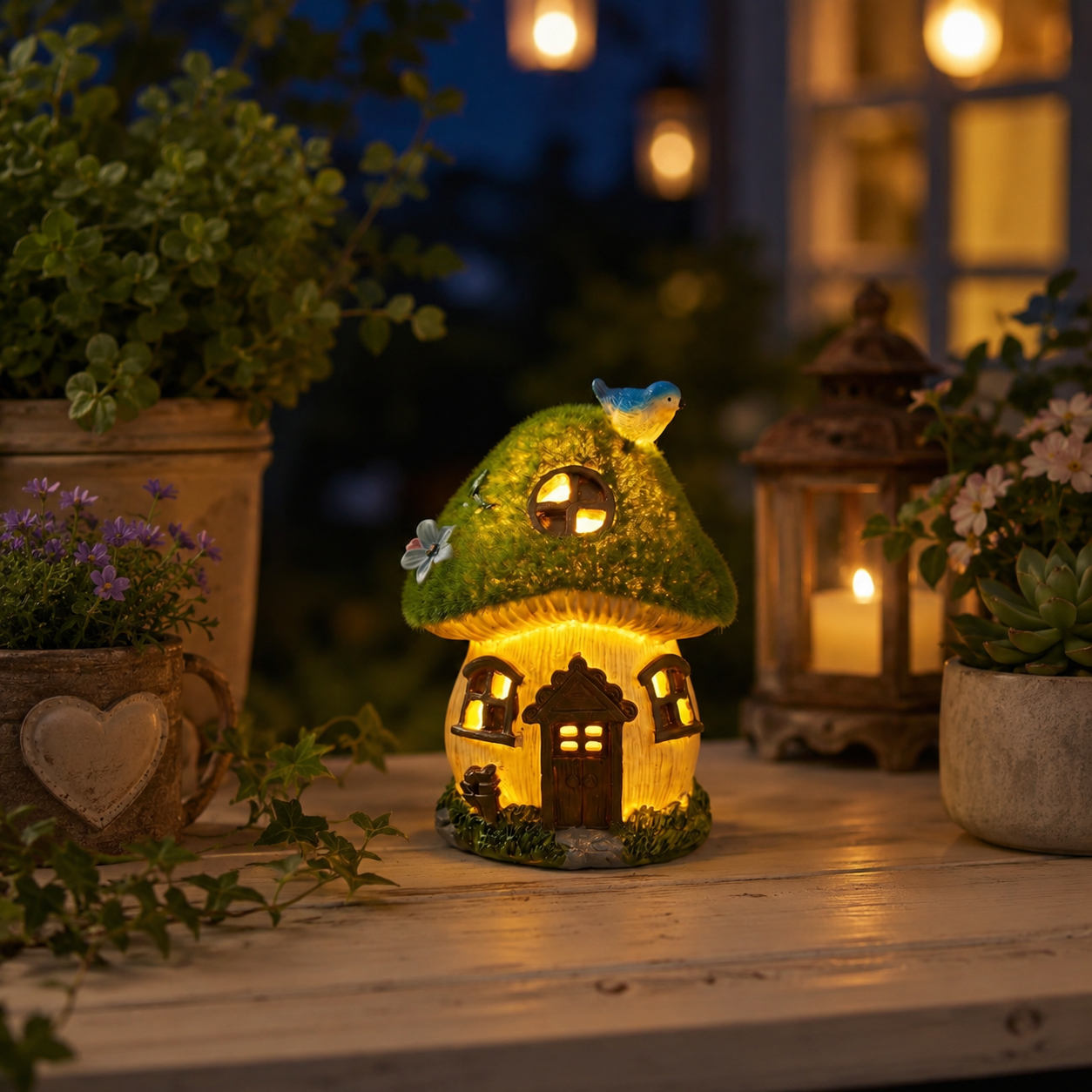 Light-Up Bluebird Moss Fairy Garden House