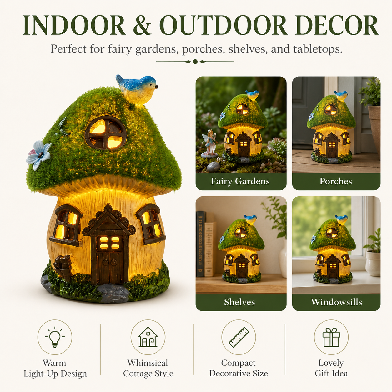 Light-Up Bluebird Moss Fairy Garden House