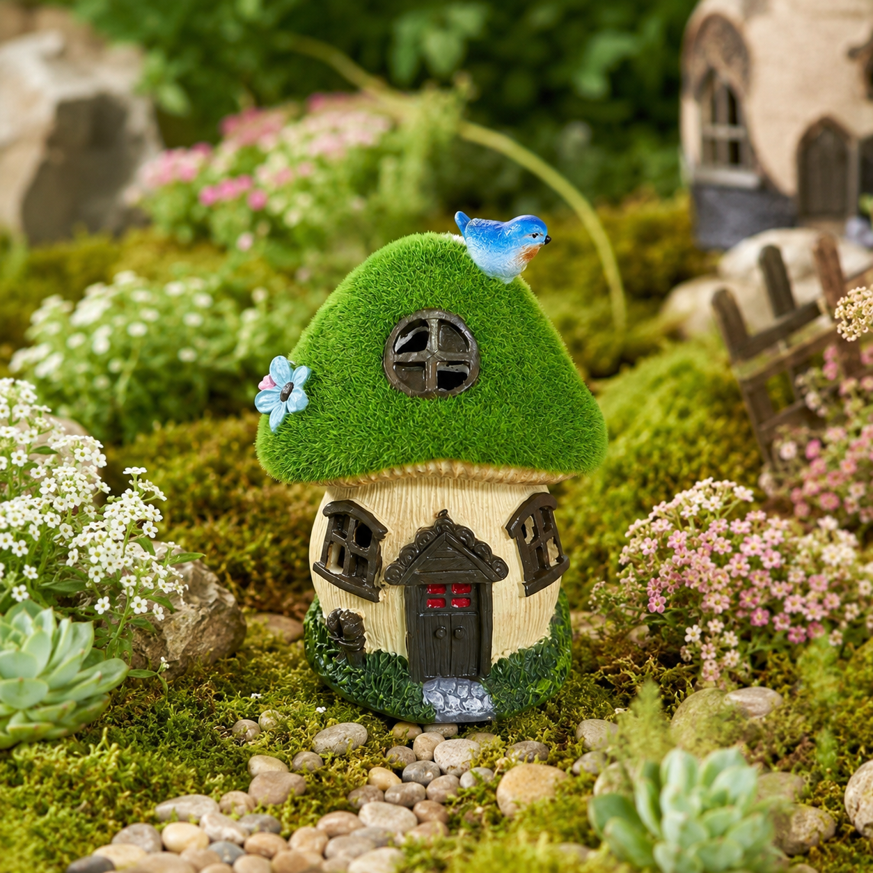 Light-Up Bluebird Moss Fairy Garden House