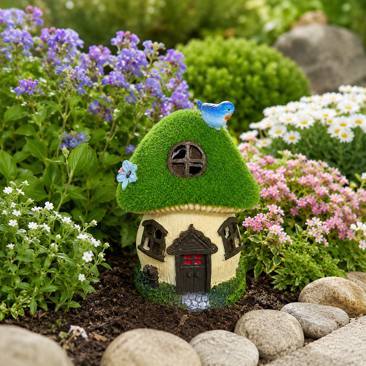 Light-Up Bluebird Moss Fairy Garden House