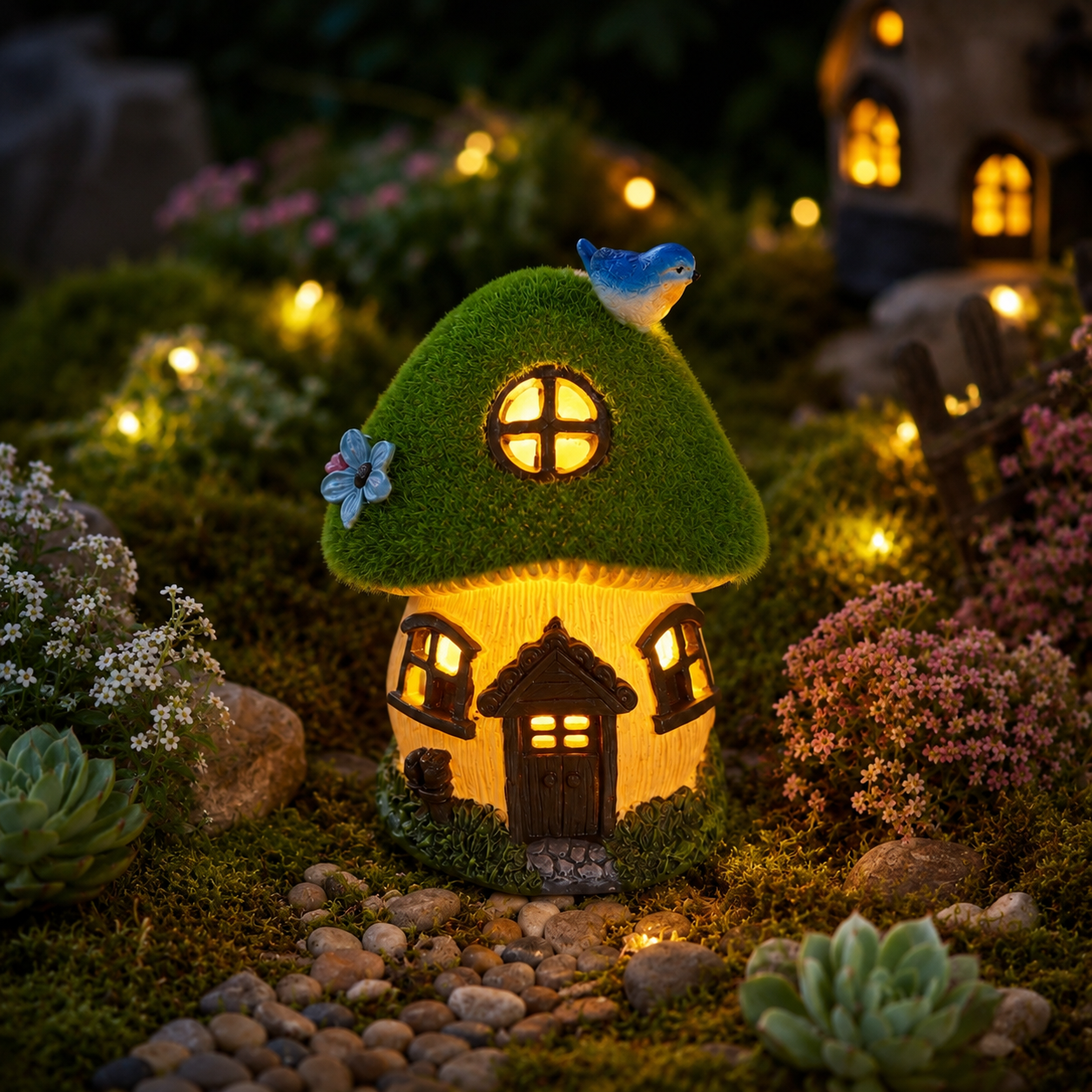 Light-Up Bluebird Moss Fairy Garden House