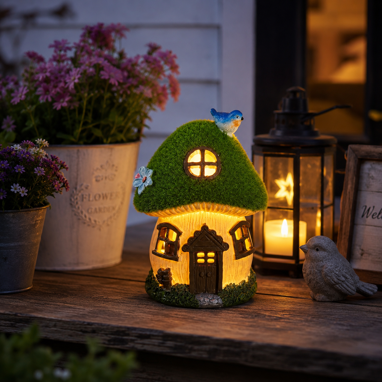 Light-Up Bluebird Moss Fairy Garden House
