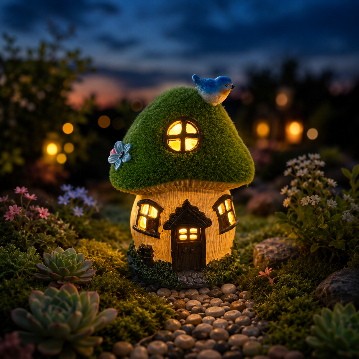 Light-Up Bluebird Moss Fairy Garden House