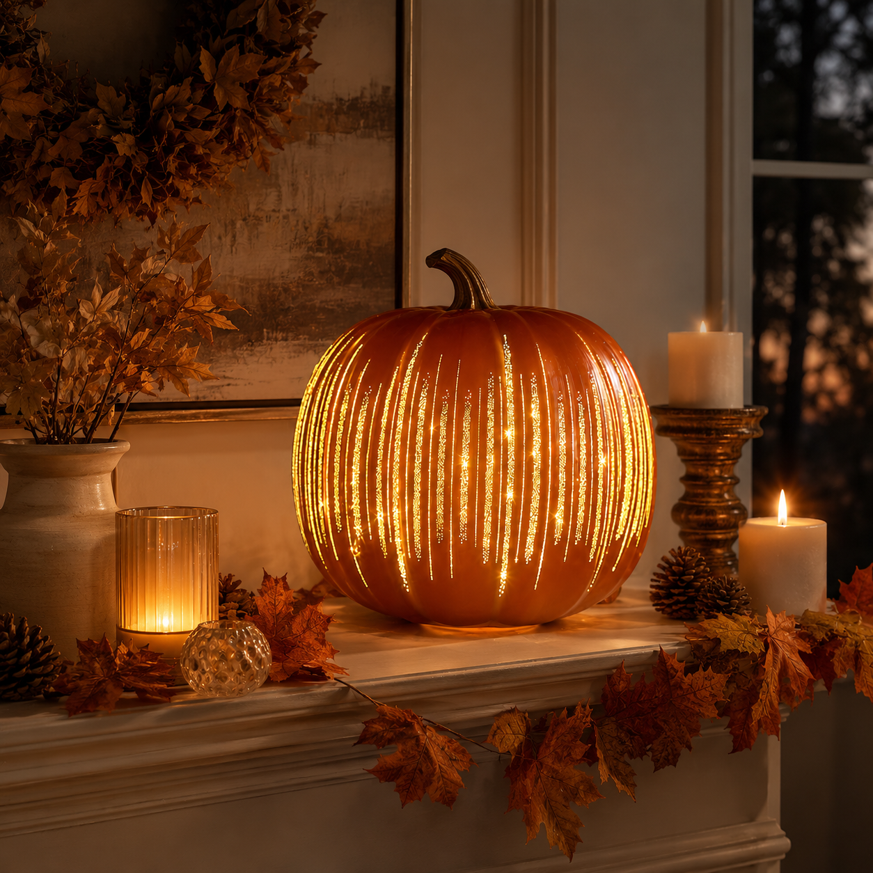 Light-Up Ribbed Pumpkin Decor Set