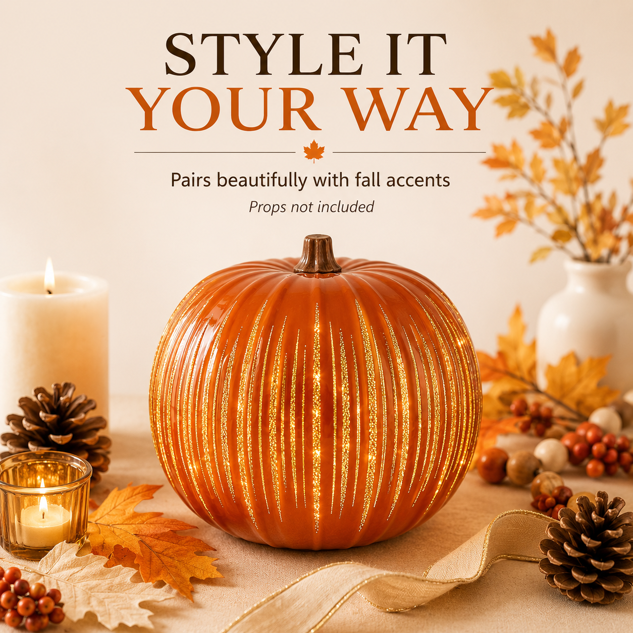 Light-Up Ribbed Pumpkin Decor Set