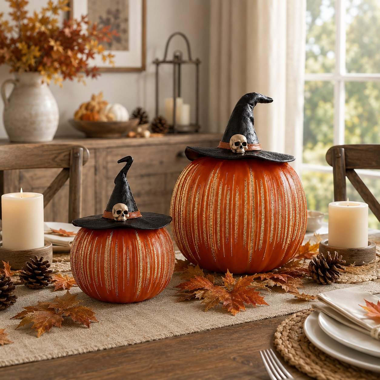 Light-Up Ribbed Pumpkin Decor Set