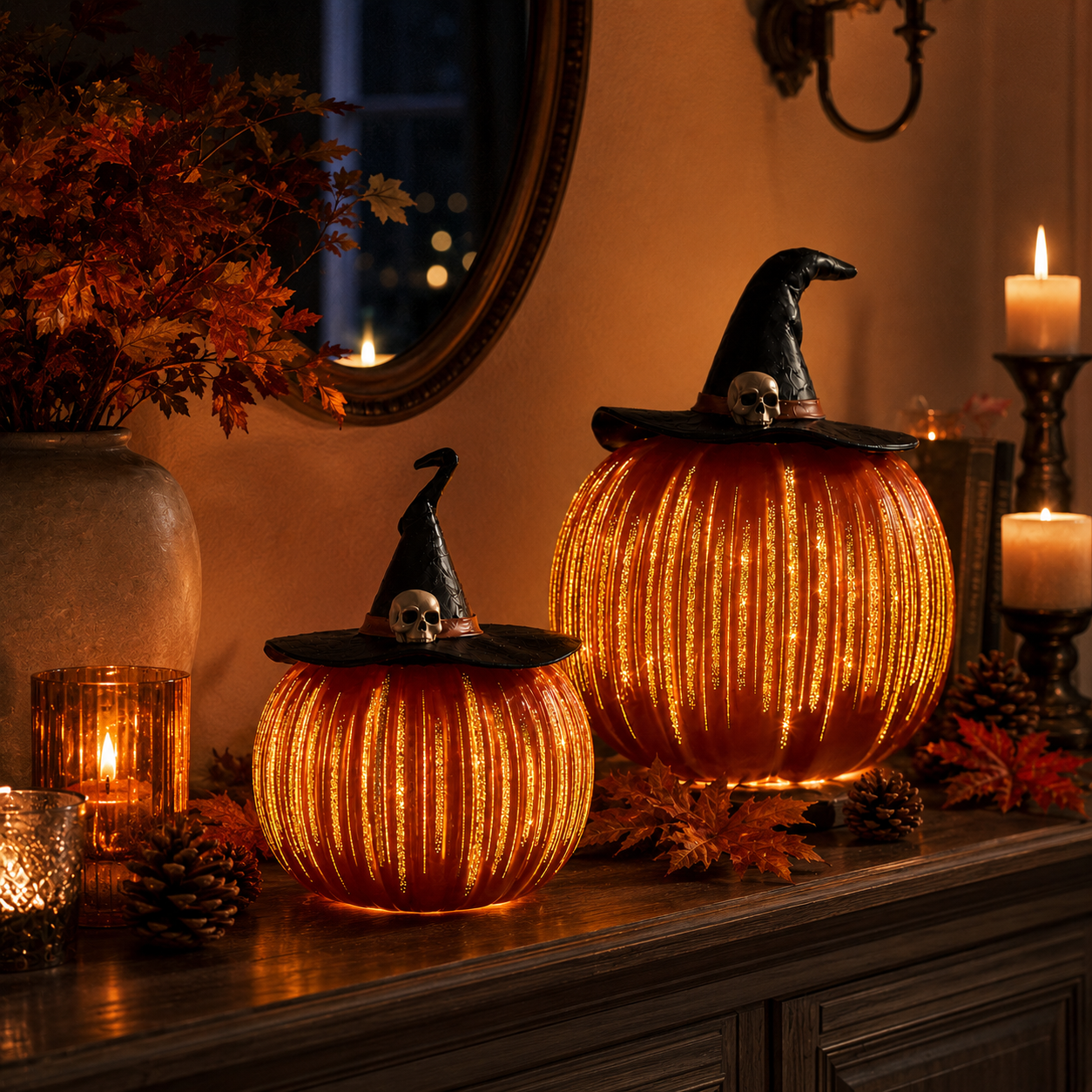 Light-Up Ribbed Pumpkin Decor Set