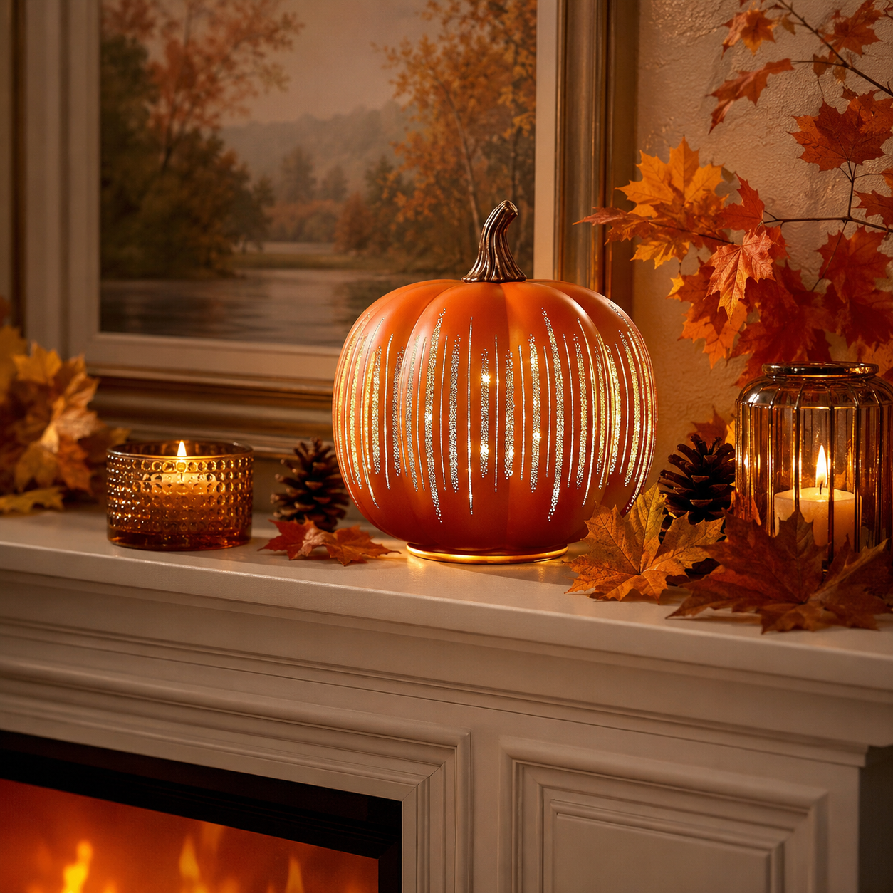 Light-Up Ribbed Pumpkin Decor Set