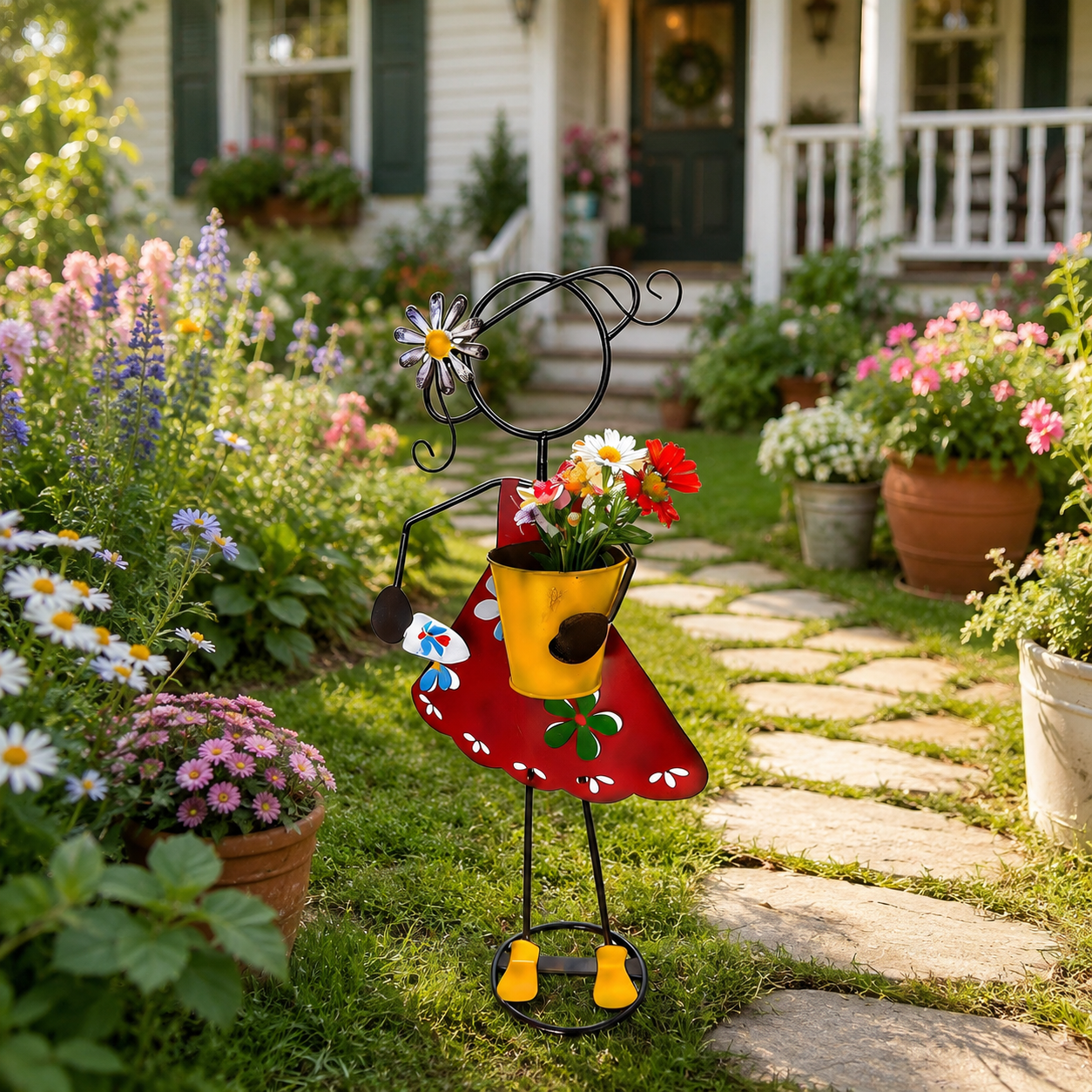 Metal Girl Garden Planter Stake for Yard Decor
