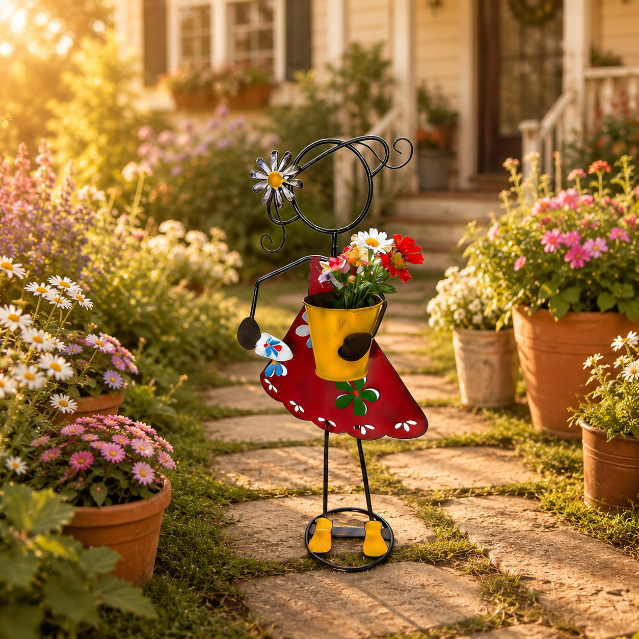 Metal Girl Garden Planter Stake for Yard Decor