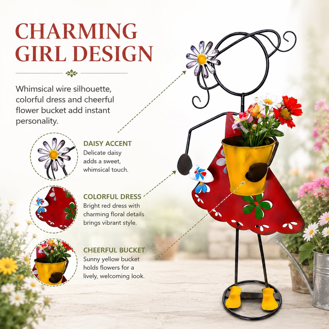 Metal Girl Garden Planter Stake for Yard Decor