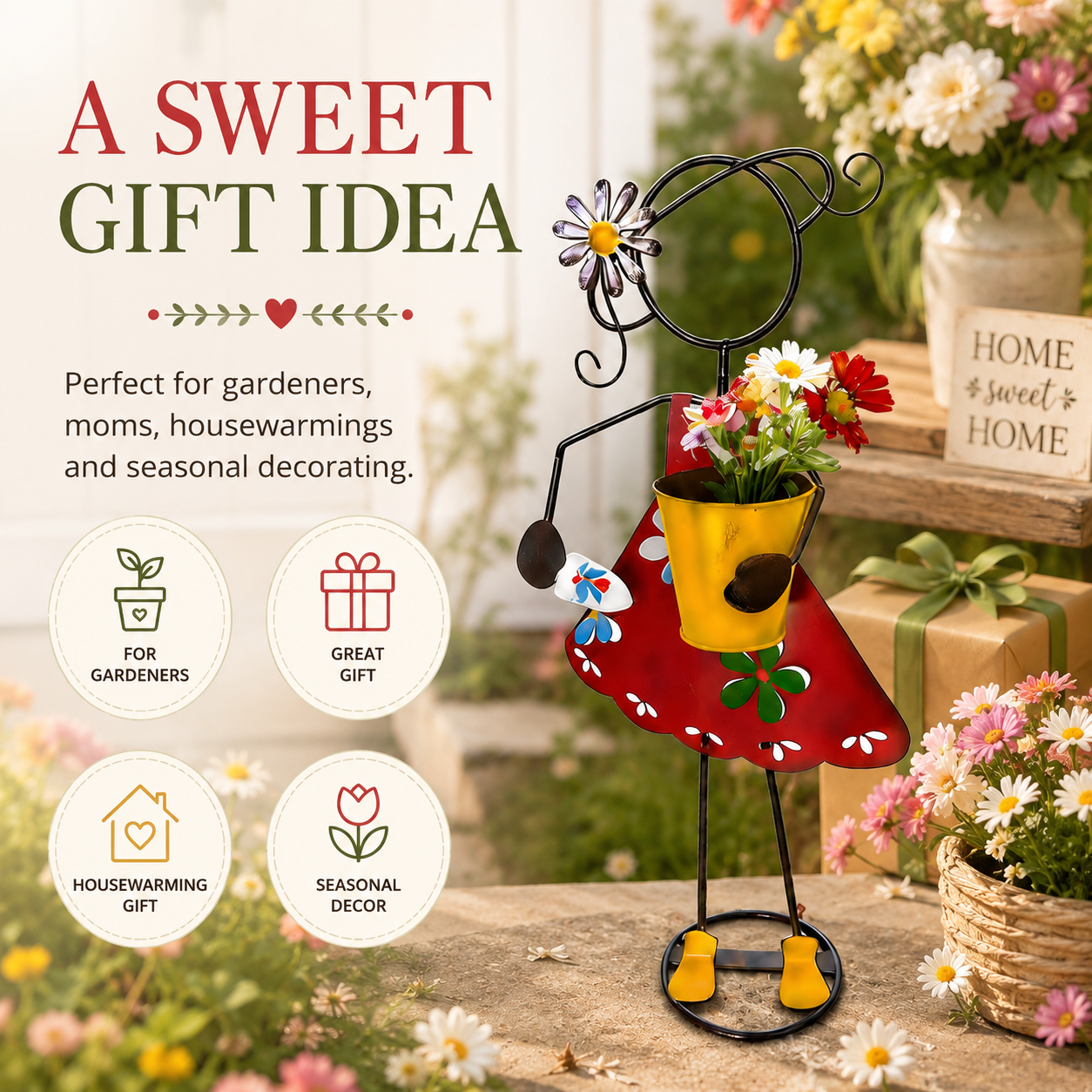 Metal Girl Garden Planter Stake for Yard Decor