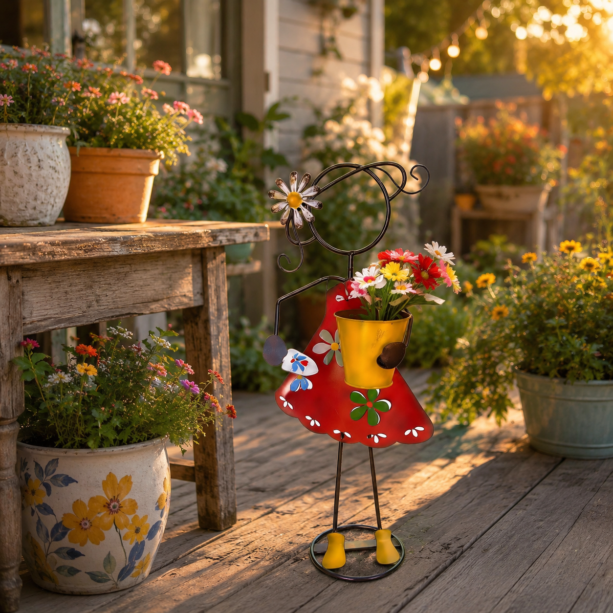Metal Girl Garden Planter Stake for Yard Decor