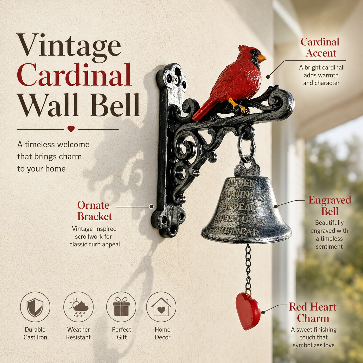 Cardinal Memorial Wall Bell for Porch Decor