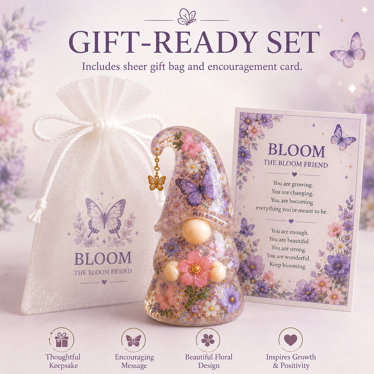 Emotional Support Gnome Collection, Keep Blooming Inspirational Gift for Women