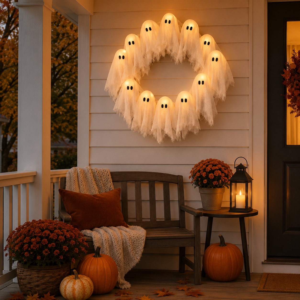 Lighted Halloween Ghost Wreath